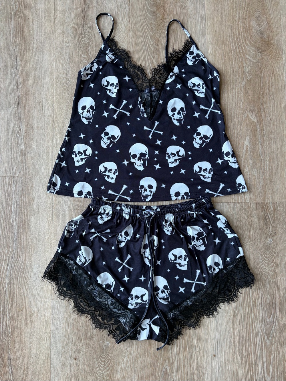 Black Skull Lace-Trim Cami & Short Sleep Set